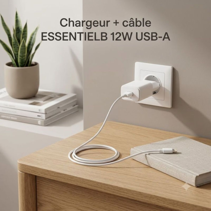 Chargeur + câble ESSENTIELB 12W USB-A + Câble lightning 1M Blanc compatible iPhone 17 16 15 Pro Max et Samsung Galaxy
