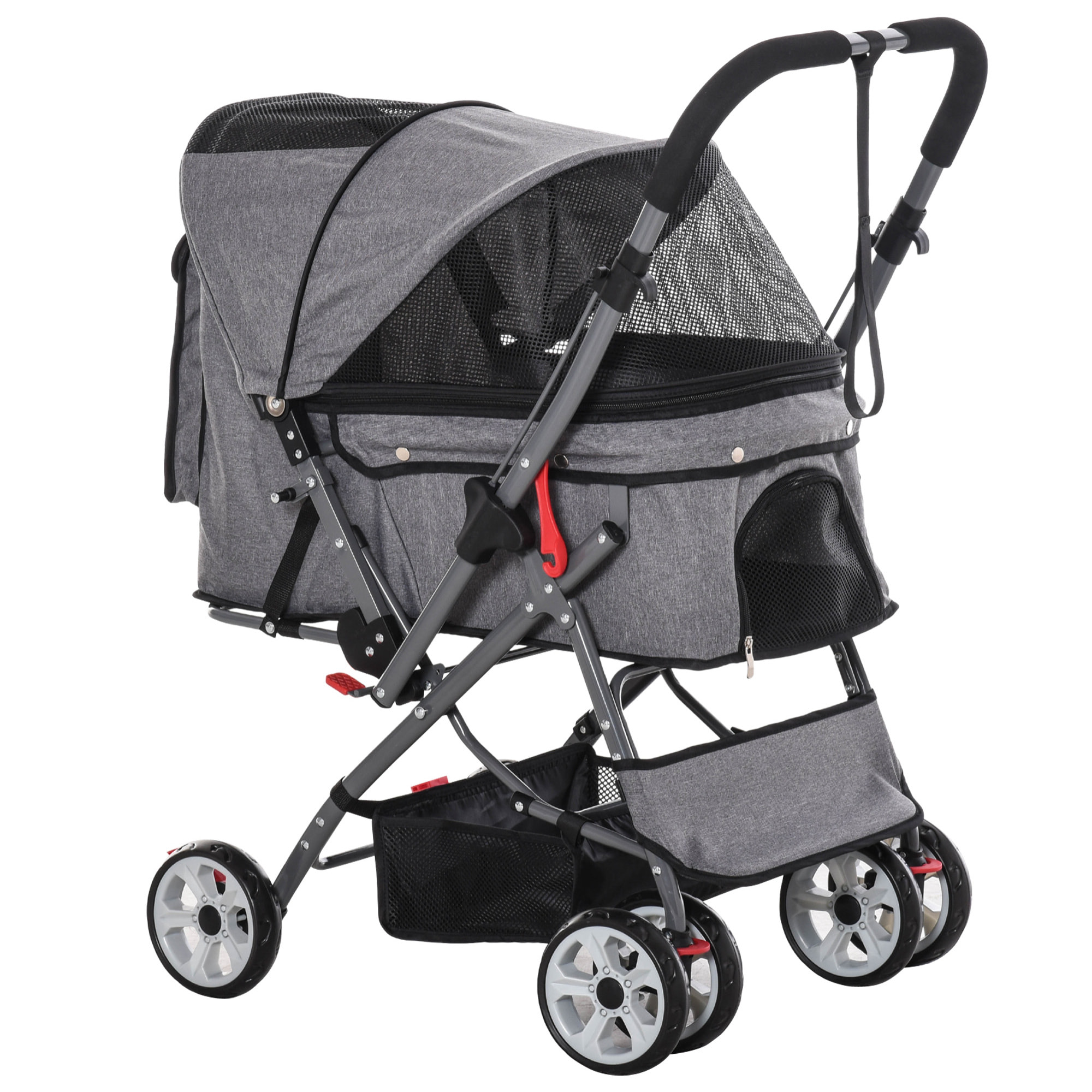 Poussette buggy pliable chien chat panier et sac de rangement attaches sécurité housse réglable poignée réversible acier Oxford gris chiné noir