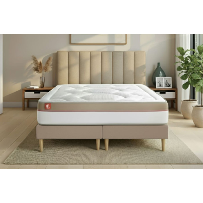 Ensemble - Matelas Mémoire de forme 30cm d'épaisseur - 7 zones de confort - Confort ferme - Sommier tapissier monobloc - 2 places