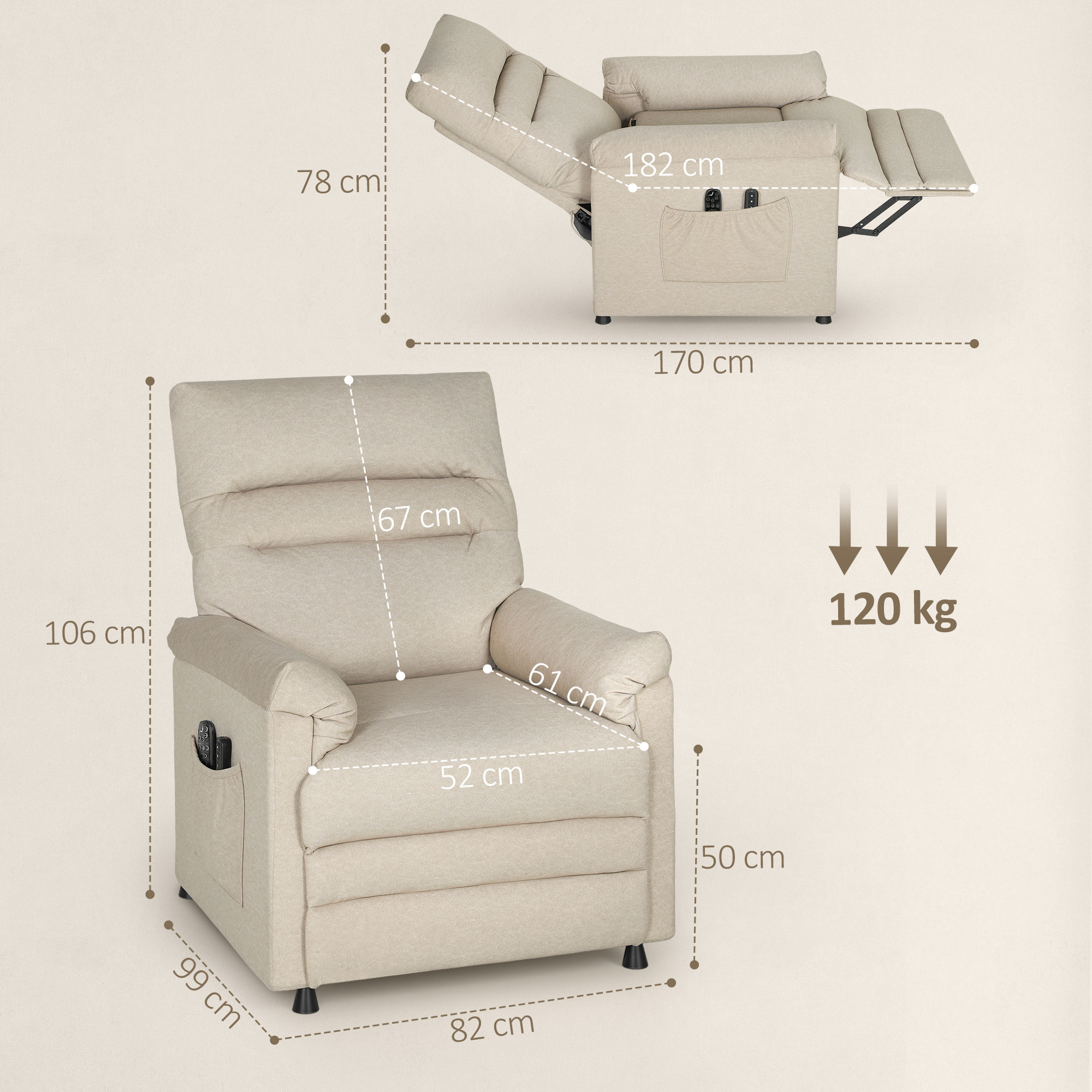 Sillón Relax Reclinable Eléctrico, con Calor Lumbar y Masaje Vibración, Sillón Masaje Relax, Motor Silencioso, Función de Memoria, Bolsillos, Control Remoto con USB, Tejido Pet-friendly, Beige