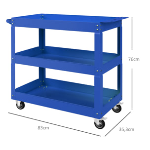 Chariot desserte d'atelier acier 3 plateaux sur roulettes avec poignée - charge max. 150 kg - 83 x 35,3 x 76 cm bleu