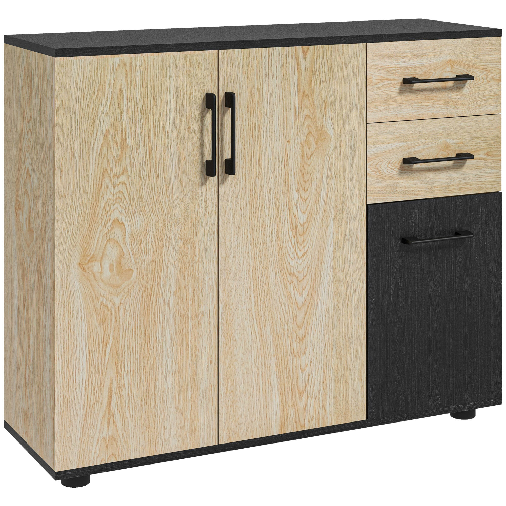 Aparador de 2 Puertas, Aparador de Salón Estrecho con 2 Cajones, Armario de Cocina con Estante Ajustable, para Entrada, Dormitorio, 90x30x75,5 cm, Natural y Negro