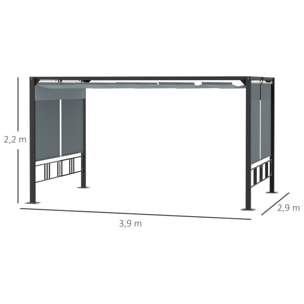 Pergola rétractable 3,9L x 2,9l x 2,2H m structure alu. acier époxy noir double toile polyester haute densité gris