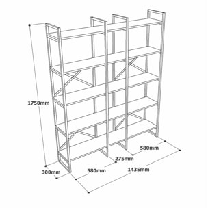 Libreria Dain, Scaffale da ufficio, Mobile portalibri, Biblioteca, 144x30h175 cm, Quercia e Nero