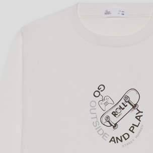 Camiseta niño crudo de manga larga, estampado de monopatín Roll Outside and Play, algodón suave | Color: Crudo | Street Monkey