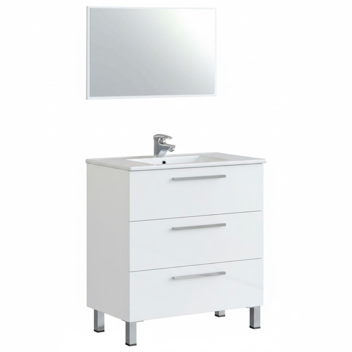 Mobile Bagno A Terra Con 3 Cassetti Lavabo In Ceramica E Specchio 77 x 50 Cm Inclusi Design Moderno Salvaspazio Elegante 80 x 45 x 86 Cm Colore Bianco