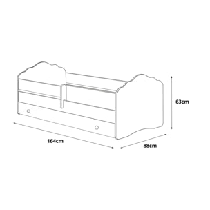 Letto singolo per bambini, Lettino con cassettone e protezione anticaduta e testiera a "nuvola", cm 164x88h63, colore Bianco