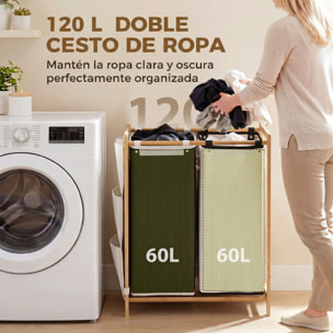 Cesto de Ropa Sucia con Tapa, 120L, Cesta de Ropa Sucia de Bambú con 2 Compartimentos, Bolsas Extraíbles y Lavables con Cordón, Bolsillos Laterales, para Lavandería, 63x33x78 cm, Blanco y Negro