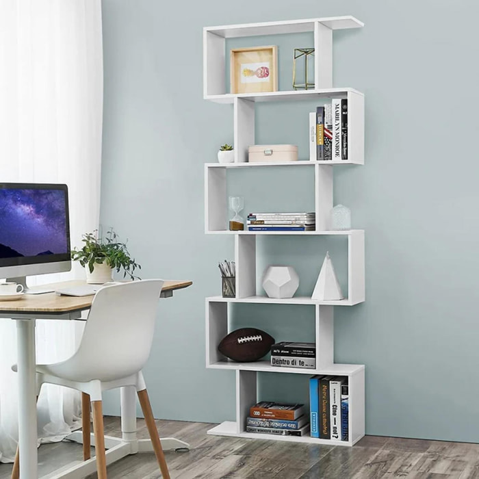 Libreria alta a zig zag a 6 scaffali aperti, Made in Italy, Scaffale per libri e documenti, Libreria da ufficio, cm 80x25h192, colore Bianco lucido