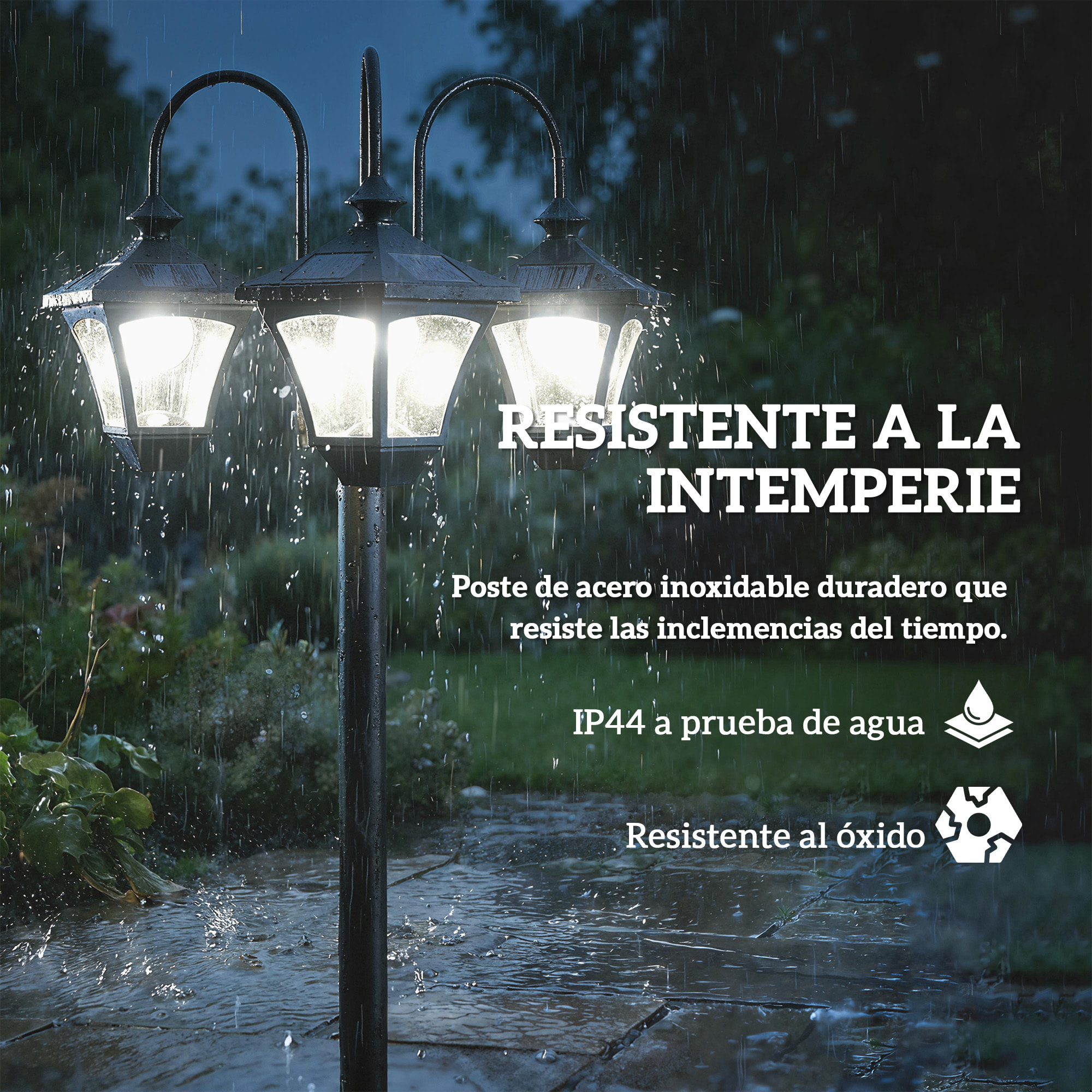Farola Solar Exterior de Jardín con Macetero 3 Cabezales Impermeable IP44 Encendido/Apagado Automático y Altura Ajustable Luz Solar de Exterior LED para Terraza Patio 52x52x185 cm Negro
