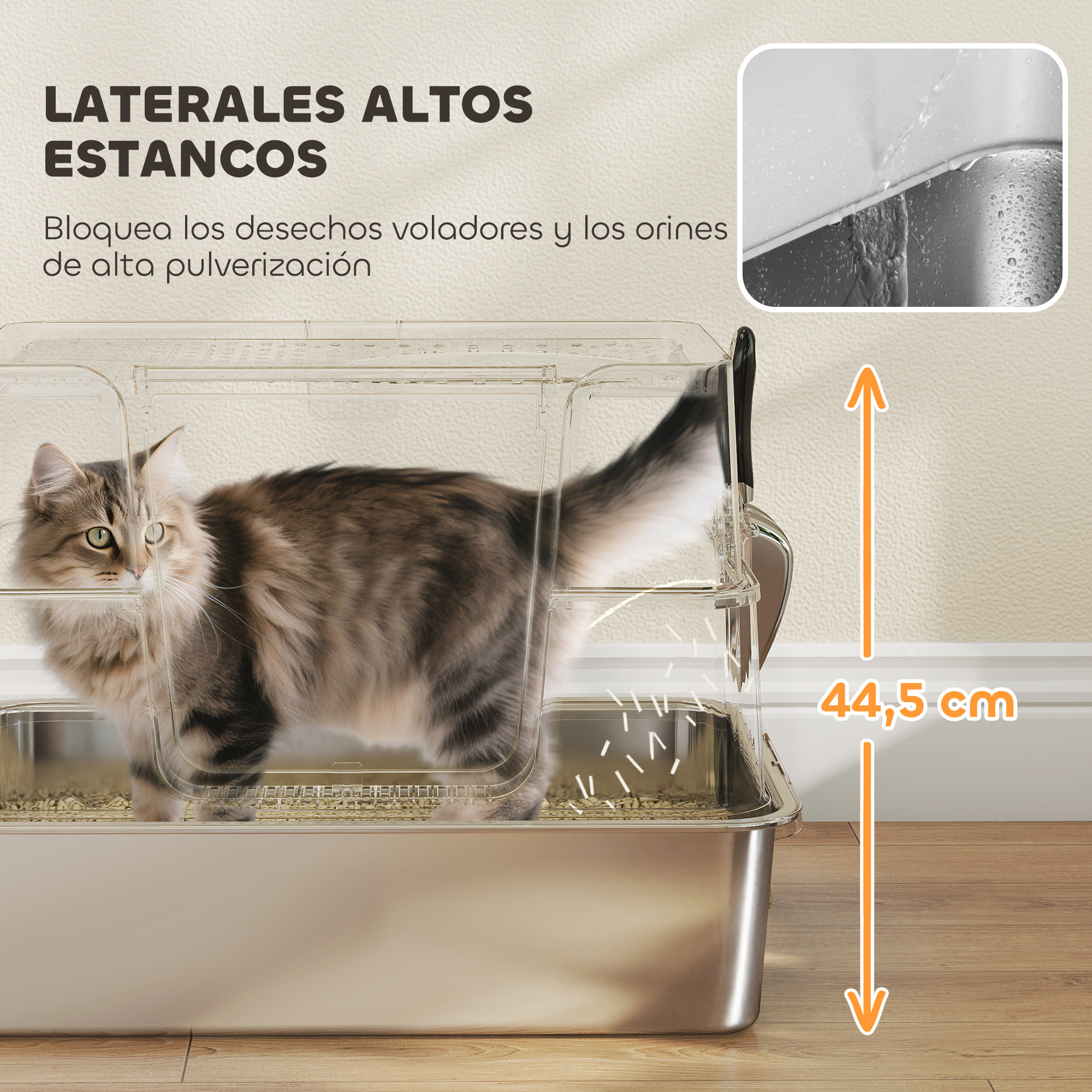 Arenero para Gatos de Acero Inoxidable XL Caja de Arena para Gatos Grandes Arenero con Tapa Abatible Laterales Altos Entrada Superior Pala sin Olores Fácil de Limpiar Antifugas Gris Claro