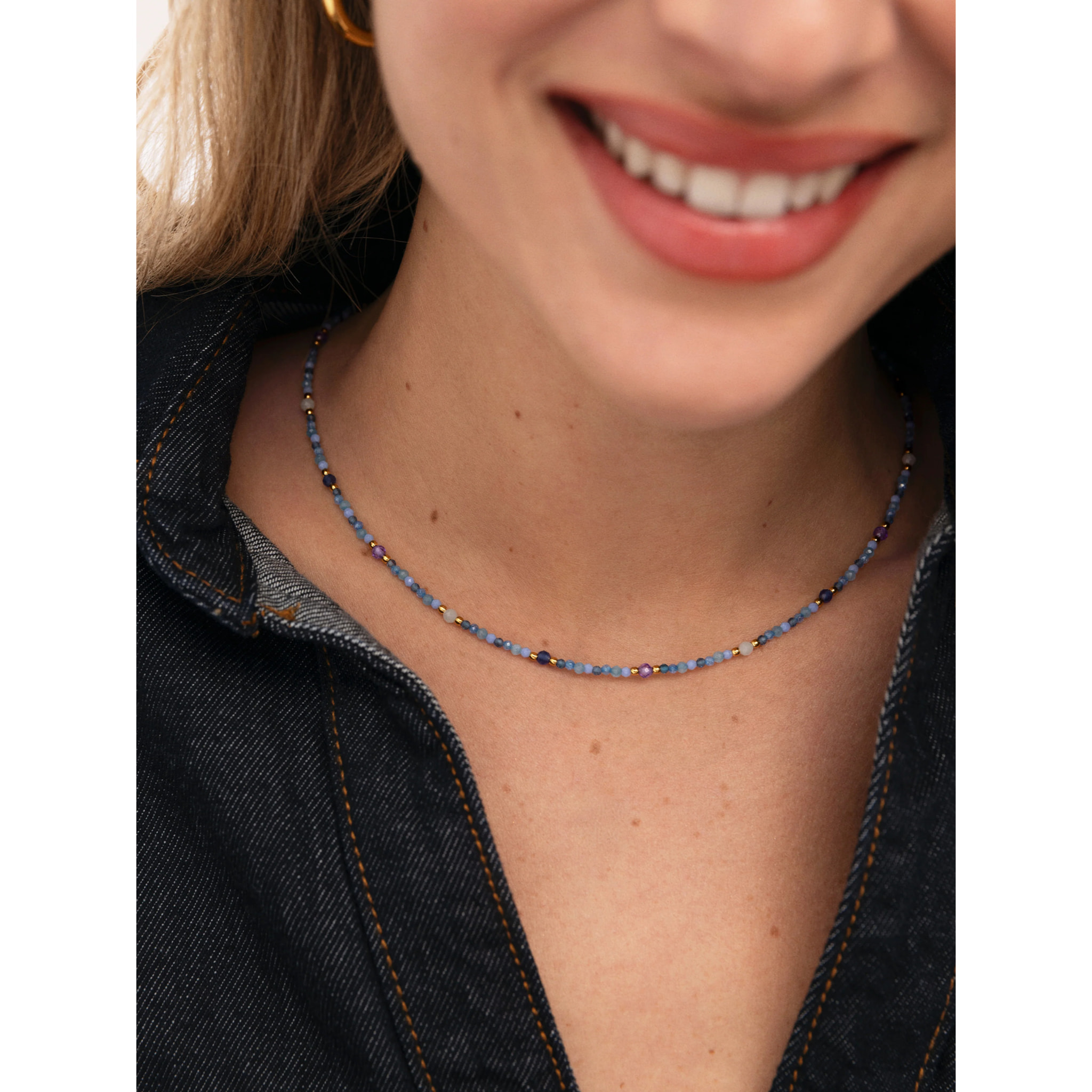 Collar Glam Azul Acero Baño Oro