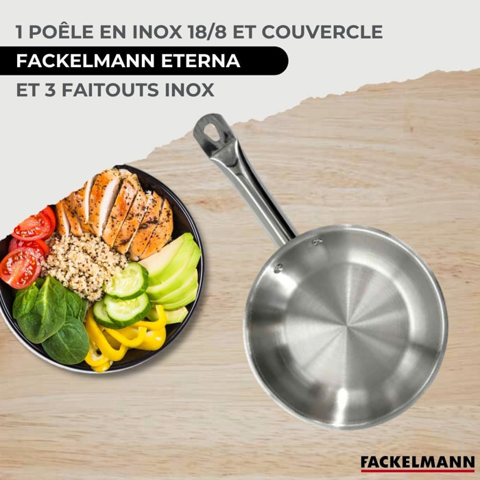 Set 1 poêle en inox et 1 couvercle verre, 3 faitouts inox Fackelmann Eterna