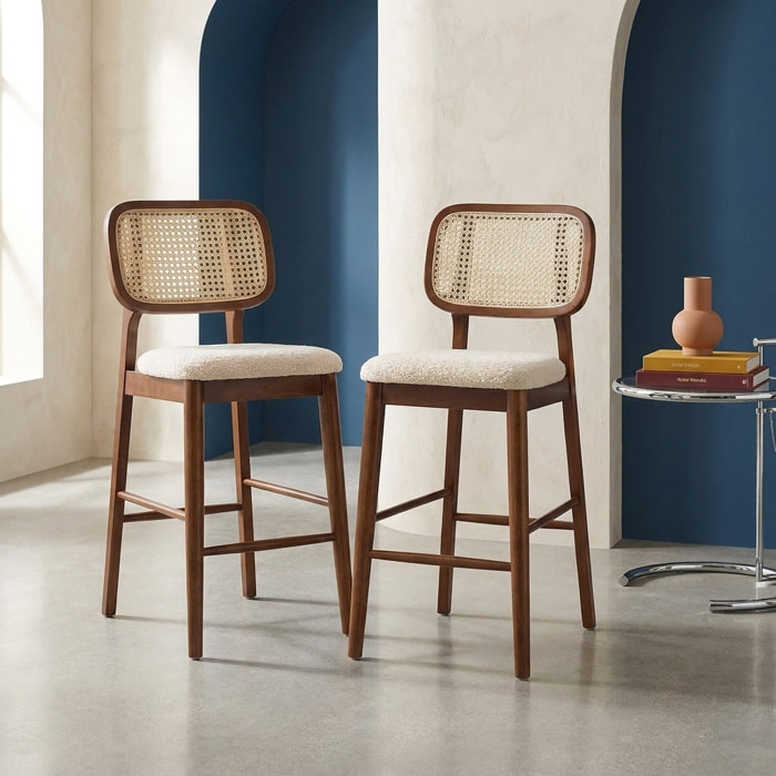 Tabouret de bar bois d'hévéa cannage et bouclette 66,5cm (lot de 2) MANI