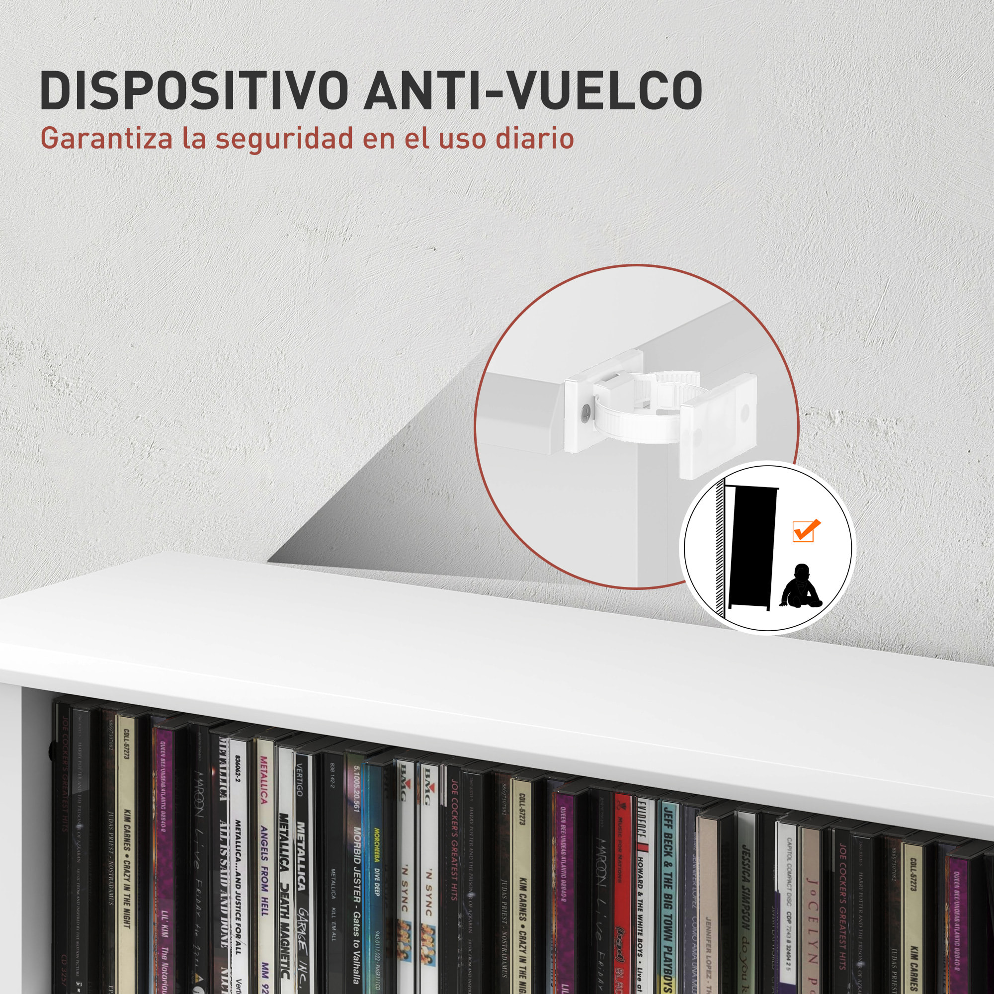 Estantería para CDs y DVDs Soportes para CD Estrechos con 8 Compartimentos Estantes Ajustables para Salón Oficina 58x24x126,3 cm Blanco