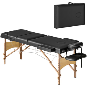Camilla Masaje Plegable Portátil Camilla Estética Profesional de Madera de 3 Zonas con Altura Ajustable Reposacabezas Reposabrazos Acolchados para Spa Pestañas Tatuajes 215x60x64-89 cm Negro