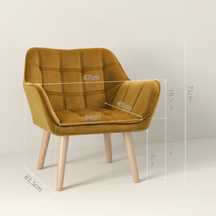 Butaca de Salón Moderna, Sillón Lectura Tapizado en Terciopelo con Asiento Ancho, Patas de Madera, Fácil Montaje, Sillón Relax para Sala de Estar, Dormitorio y Balcón, Amarillo Mostaza