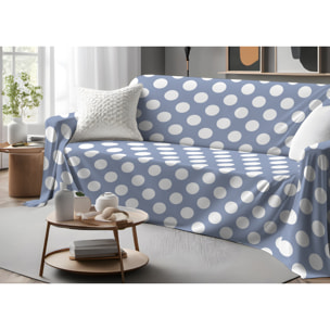 Telo Arredo Copritutto Grand Foulard Copridivano Copriletto 100% Cotone Disegno Pois Azzurro