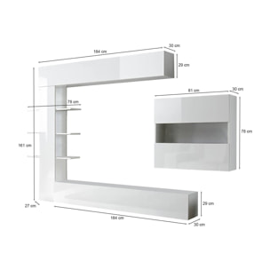 Parete attrezzata Aragosta, Composizione soggiorno, Mobile salotto multiuso, Armadio porta TV, Made in Italy, 295x30 h187 cm, Bianco lucido e Bianco