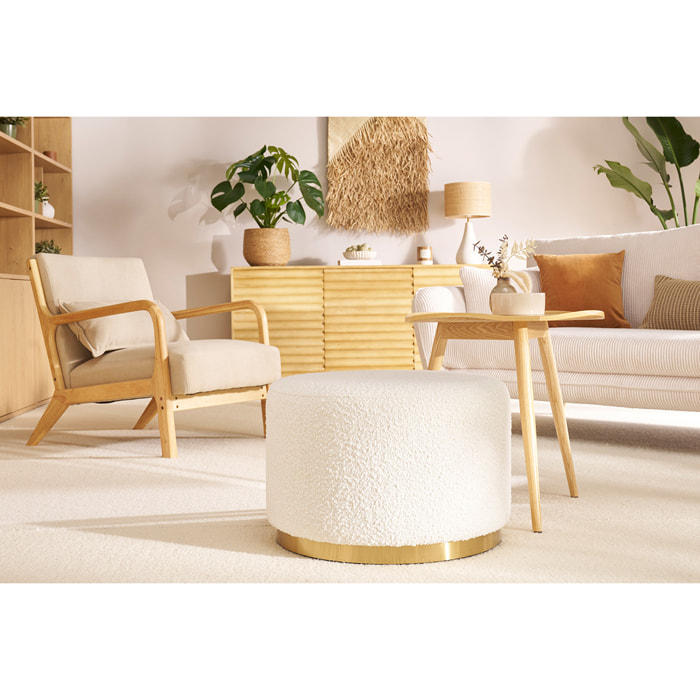 Pouf rond en tissu effet laine bouclée blanc cassé et métal doré D54 cm AMAYA