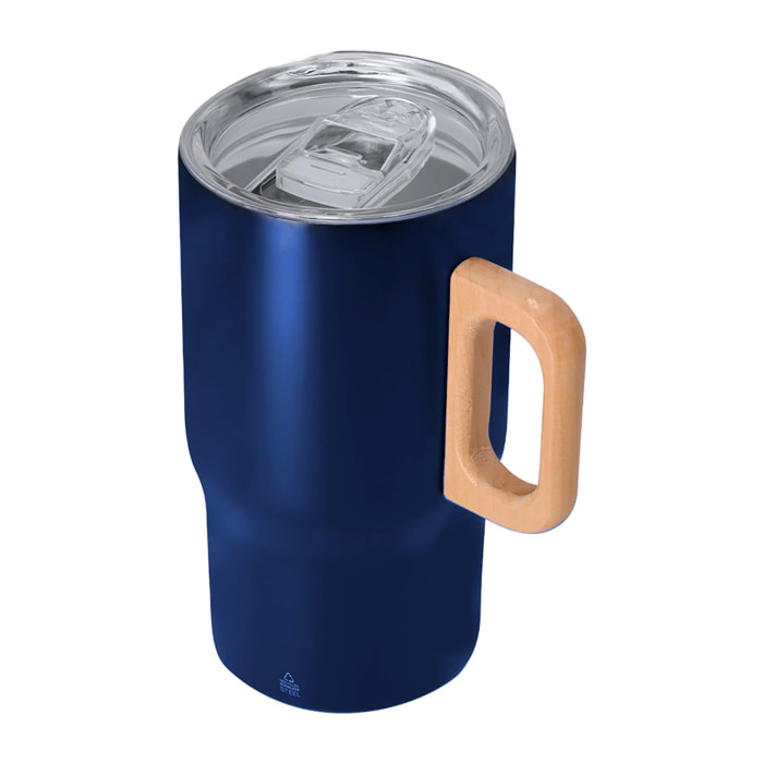 Tazza termica in acciaio inox riciclato a doppia parete con capacità di 400 ml e manico rigido in legno per maggior comfort. Senza BPA.