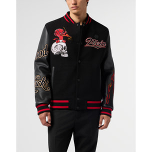 PHILIPP PLEIN Varsity Bomber with Leather Sleeves Devil Skull