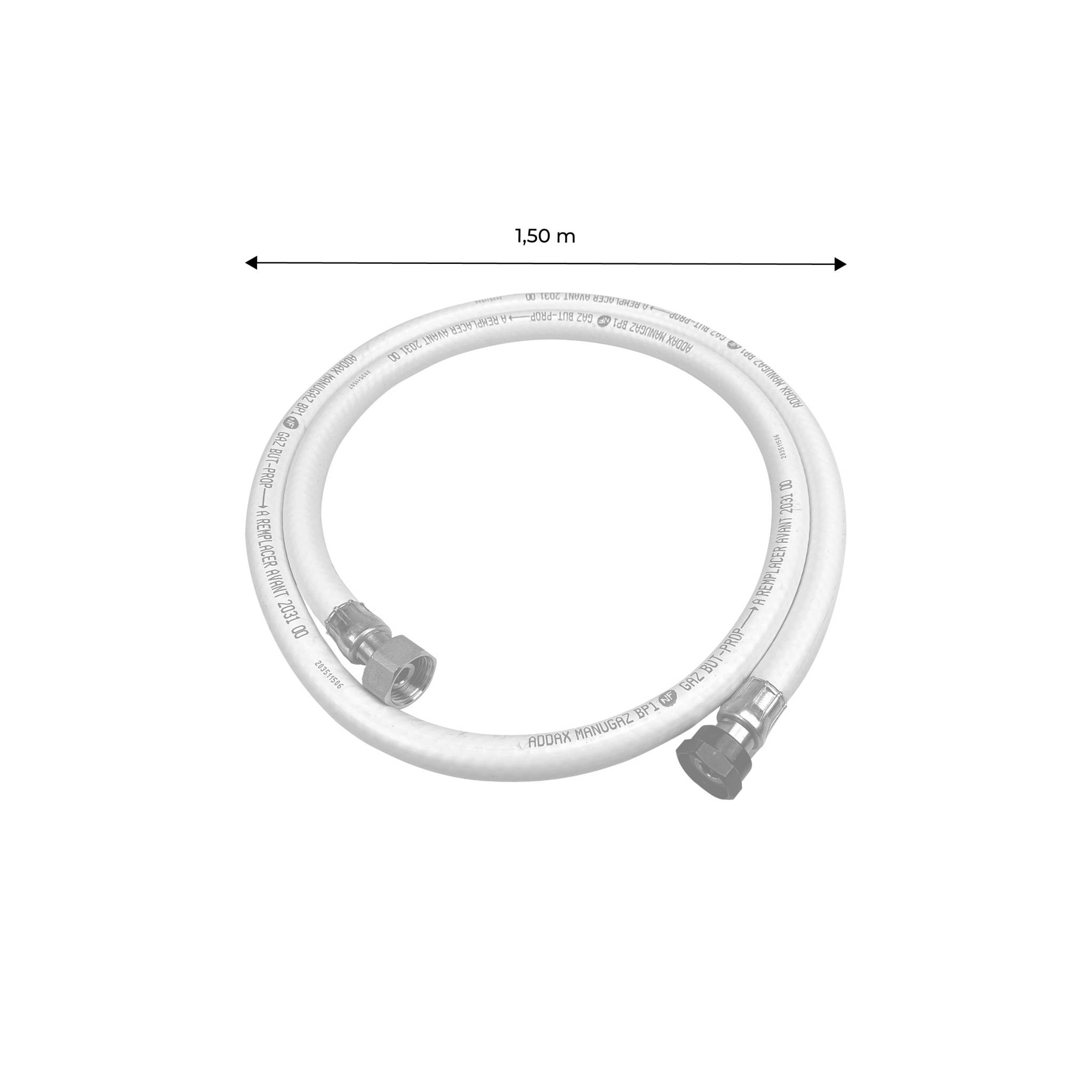 Kit Tuyau flexible de gaz 1.5 m à embouts mécaniques + Détendeur Quick-on Ø27mm Butane 28mbar 1.3kg/h. raccord rapide – Normes NF