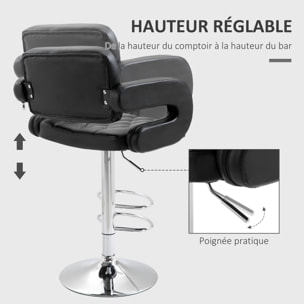 Tabouret de bar design Chesterfield - chaise de bar pivotante réglable grand confort - métal chromé noir