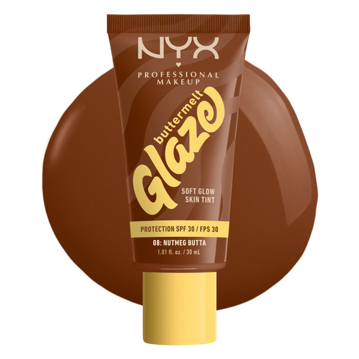 NYX Professional Makeup Buttermelt Glaze Tint, Fond de teint SPF30 jusqu'à 12h de tenue, Nutmeg Butta