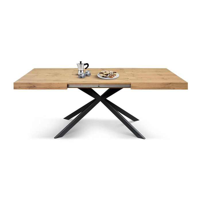 Tavolo CAMAIORE in legno, finitura rovere rustico e base a X in metallo antracite, allungabile 180×90 cm – 260×90 cm