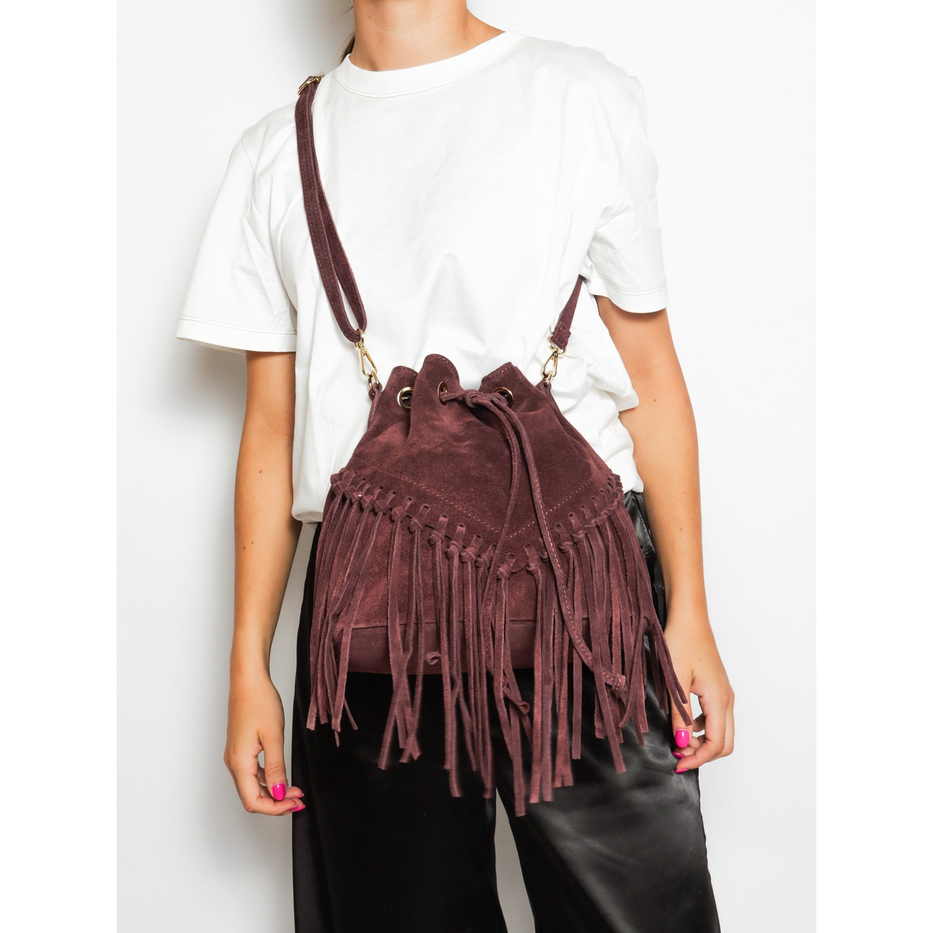 Borsa a secchiello da donna Made in Italy - Modello Umbria Plus - Pelle scamosciata - 25.0 x 22.0 x 13.0 cm