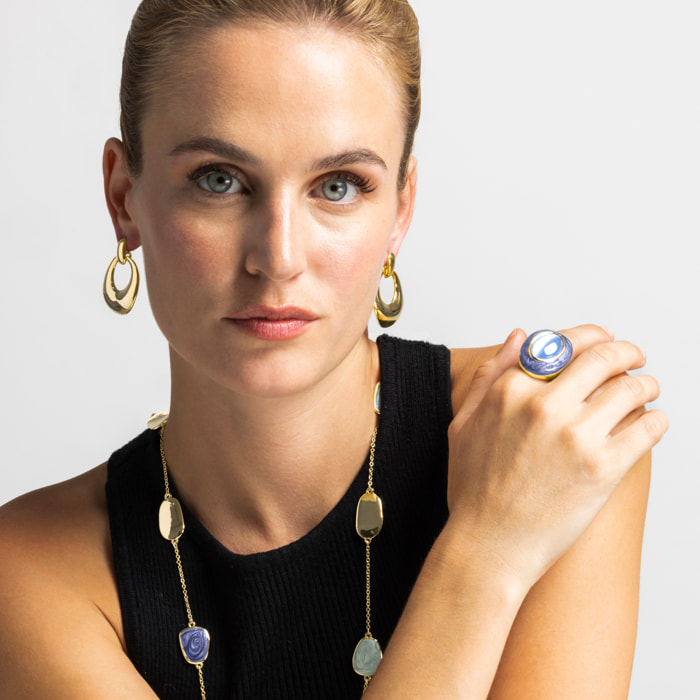 Anillo con Ojo de Gato Azul acabado oro 18k