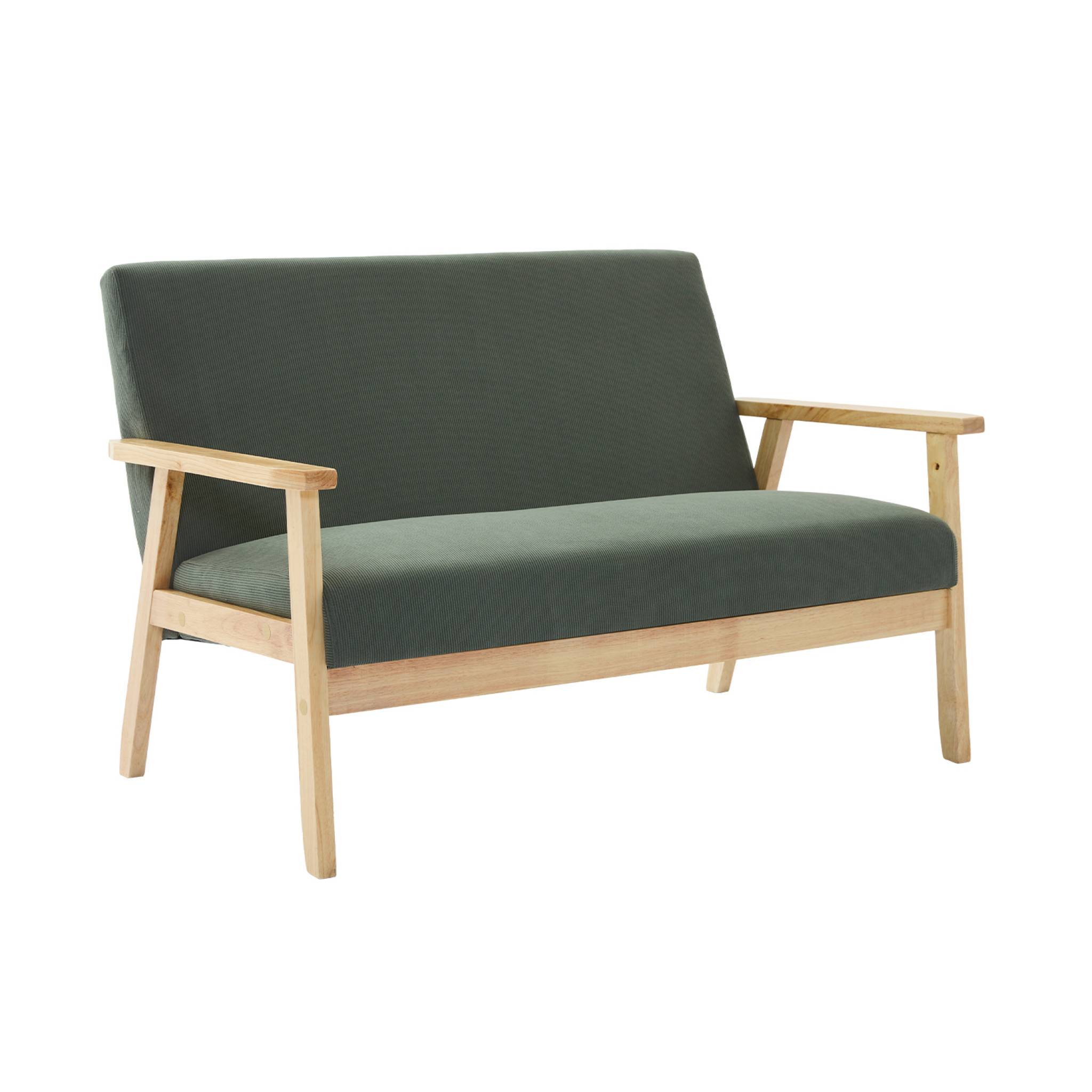 Banquette canapé 2 places en bois et tissu velours côtelé coloris vert kaki. Isak. L 114 x P 69.5 x H 73cm