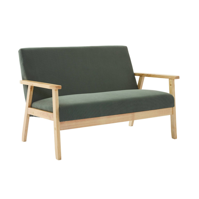 Banquette canapé 2 places en bois et tissu velours côtelé coloris vert kaki. Isak. L 114 x P 69.5 x H 73cm