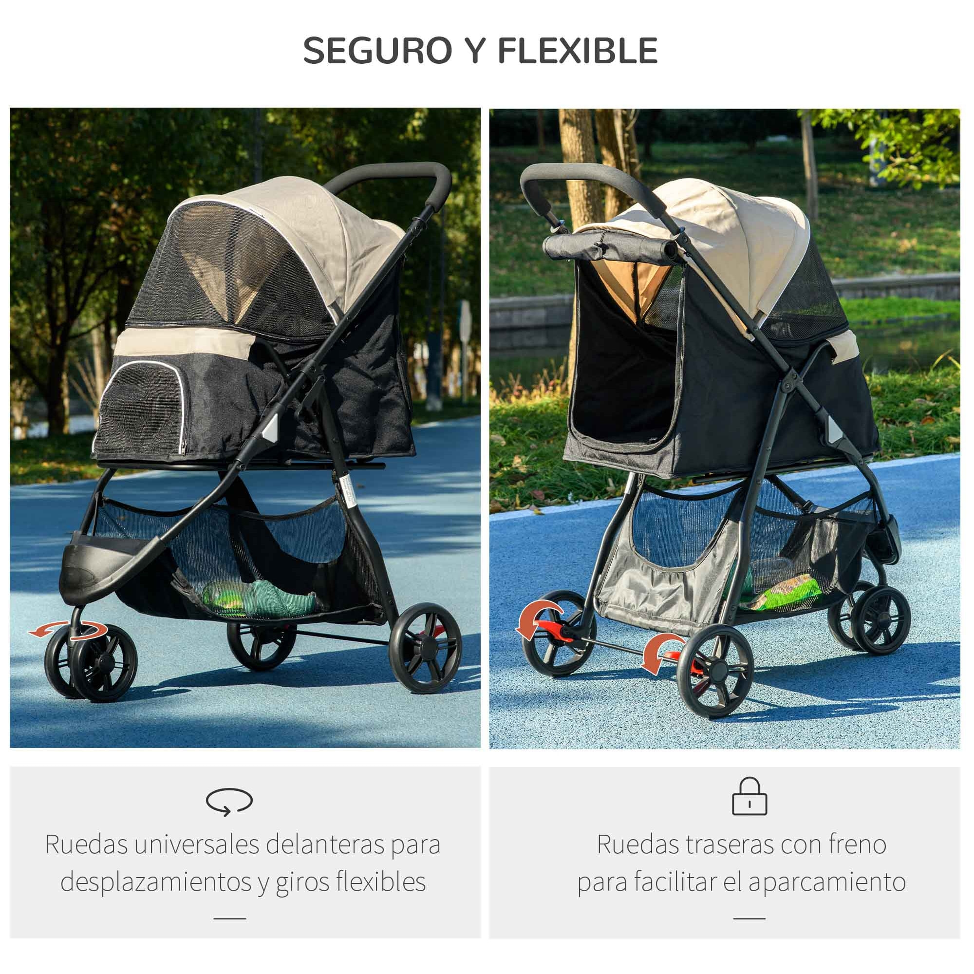 Carrito para Perros Plegable Cochecito para Mascotas Carrito para Perros Pequeños con Cesta de Almacenaje Ventana de Malla Cubierta para Lluvia y 2 Ruedas Universales 80,5x51,5x100 cm Caqui