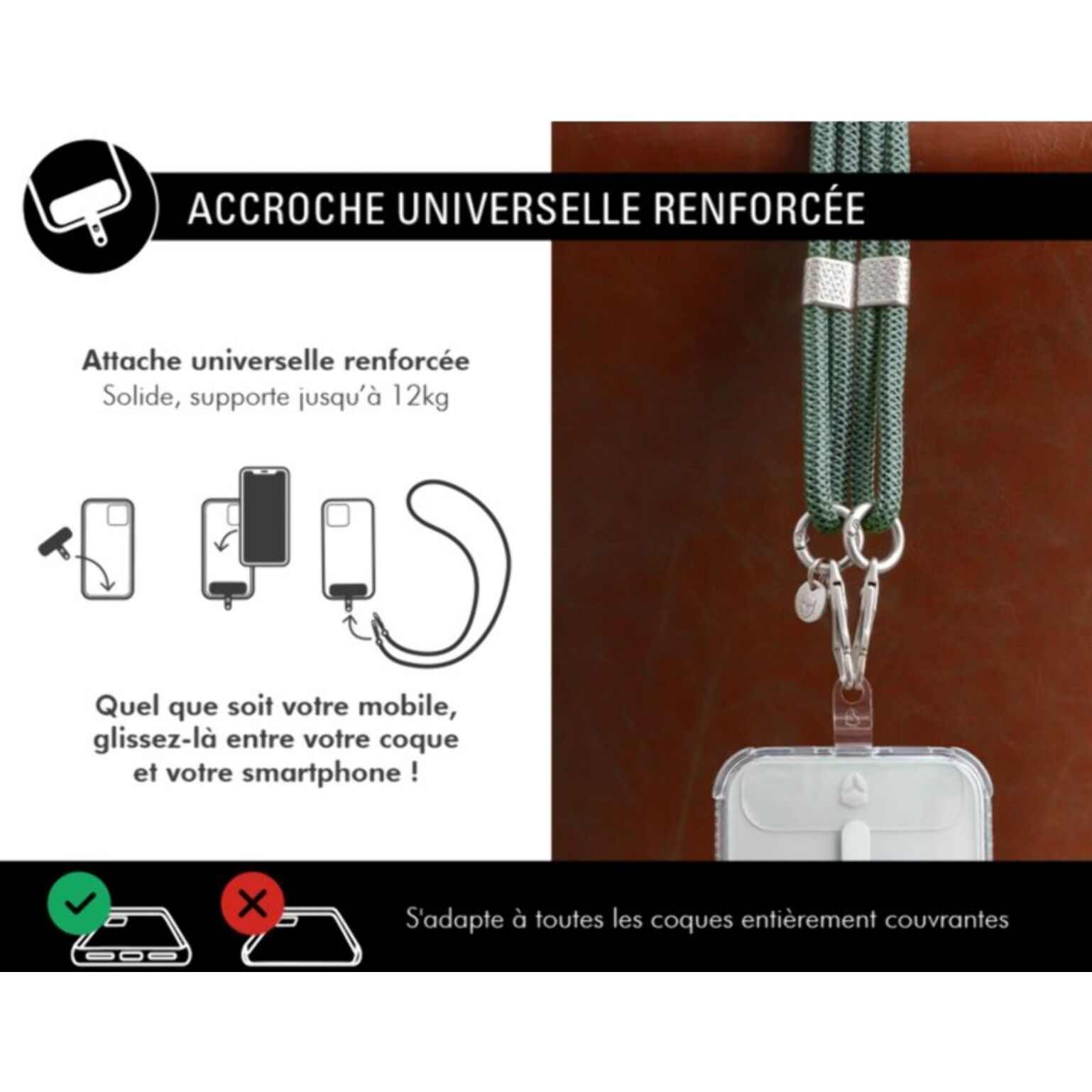 Cordon téléphone FORCE CASE Cordon Verte détails silver