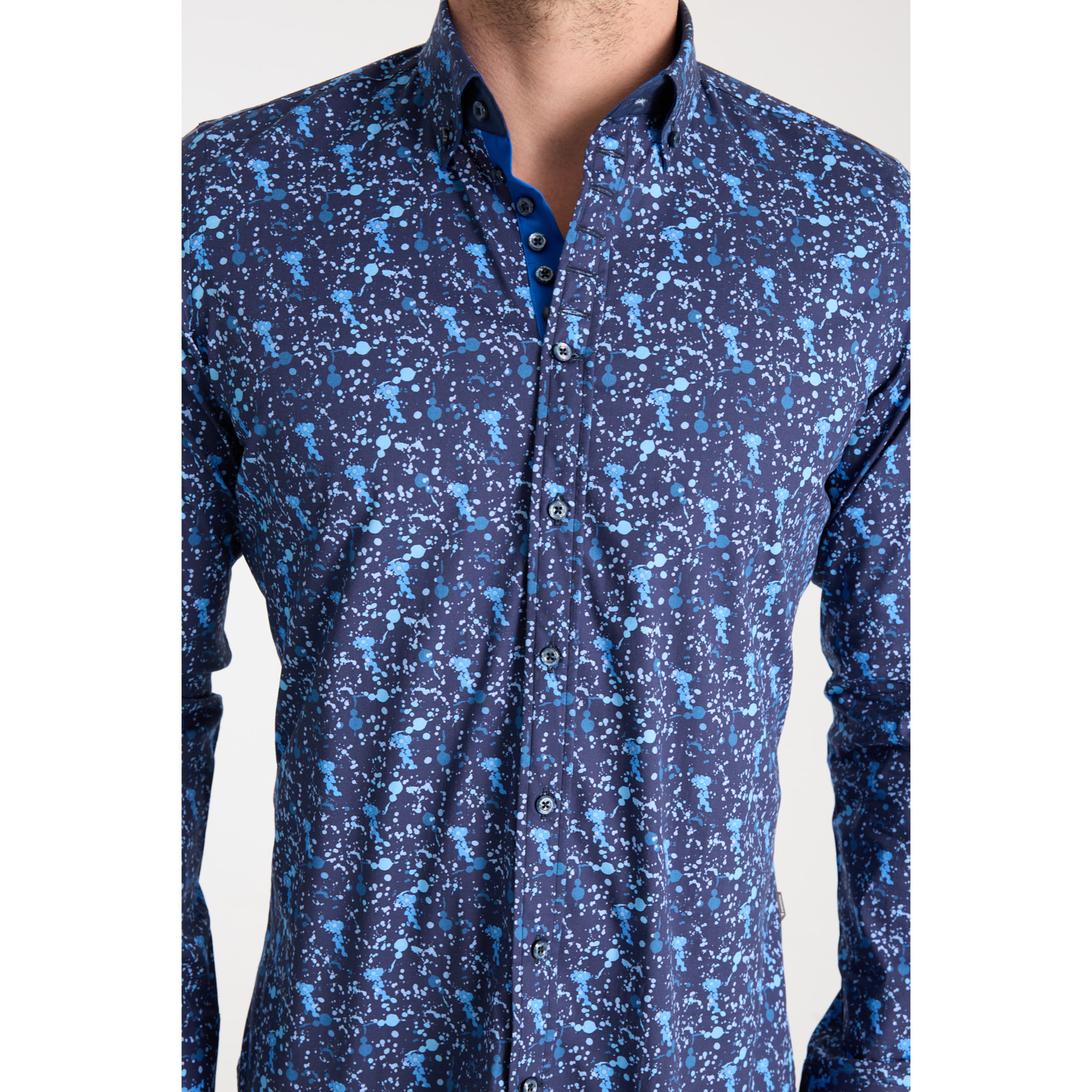 Camicia Uomo 1 Bottoni Button Down Slim Popeline Stretch Stampato Blu/Blu Avion