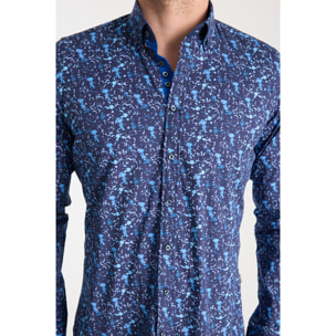 Camicia Uomo 1 Bottoni Button Down Slim Popeline Stretch Stampato Blu/Blu Avion