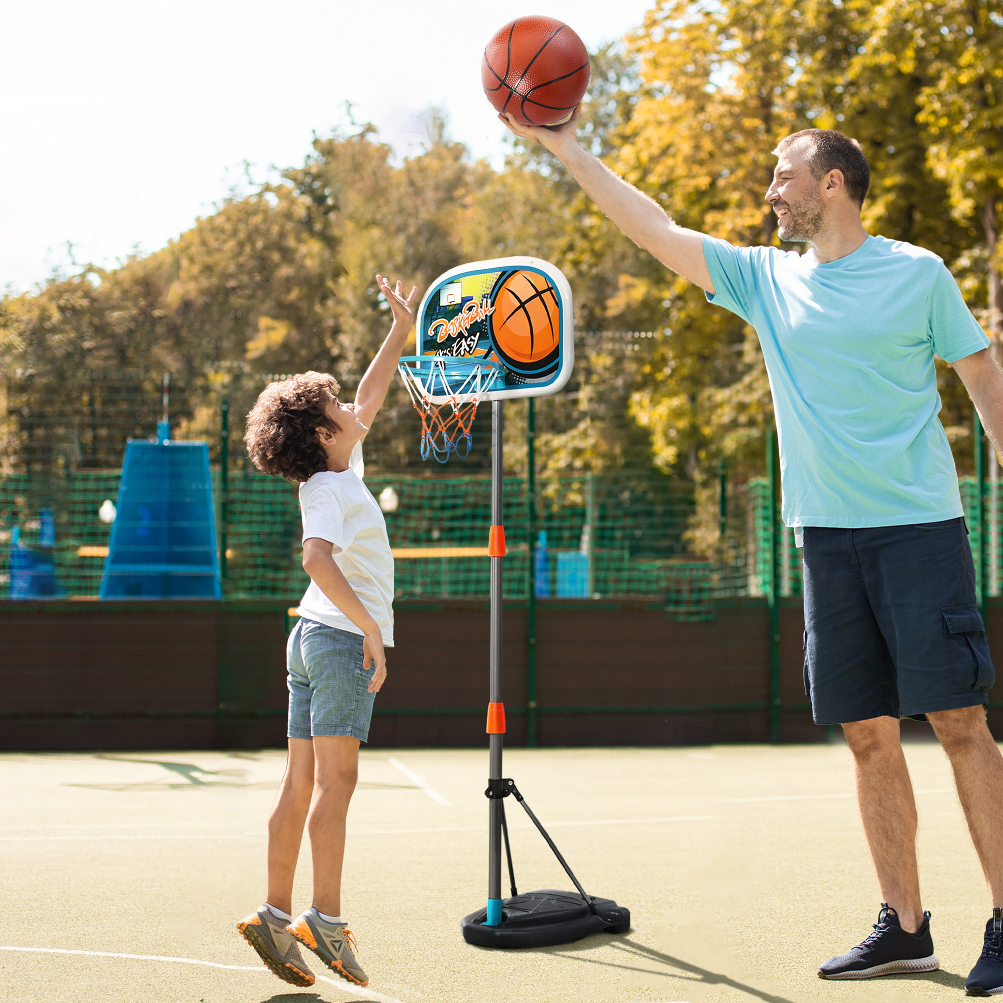 Panier de basket-ball sur pied avec poteau base lestage panneau + ballon + pompe hauteur réglable 1,26 – 1,58 m