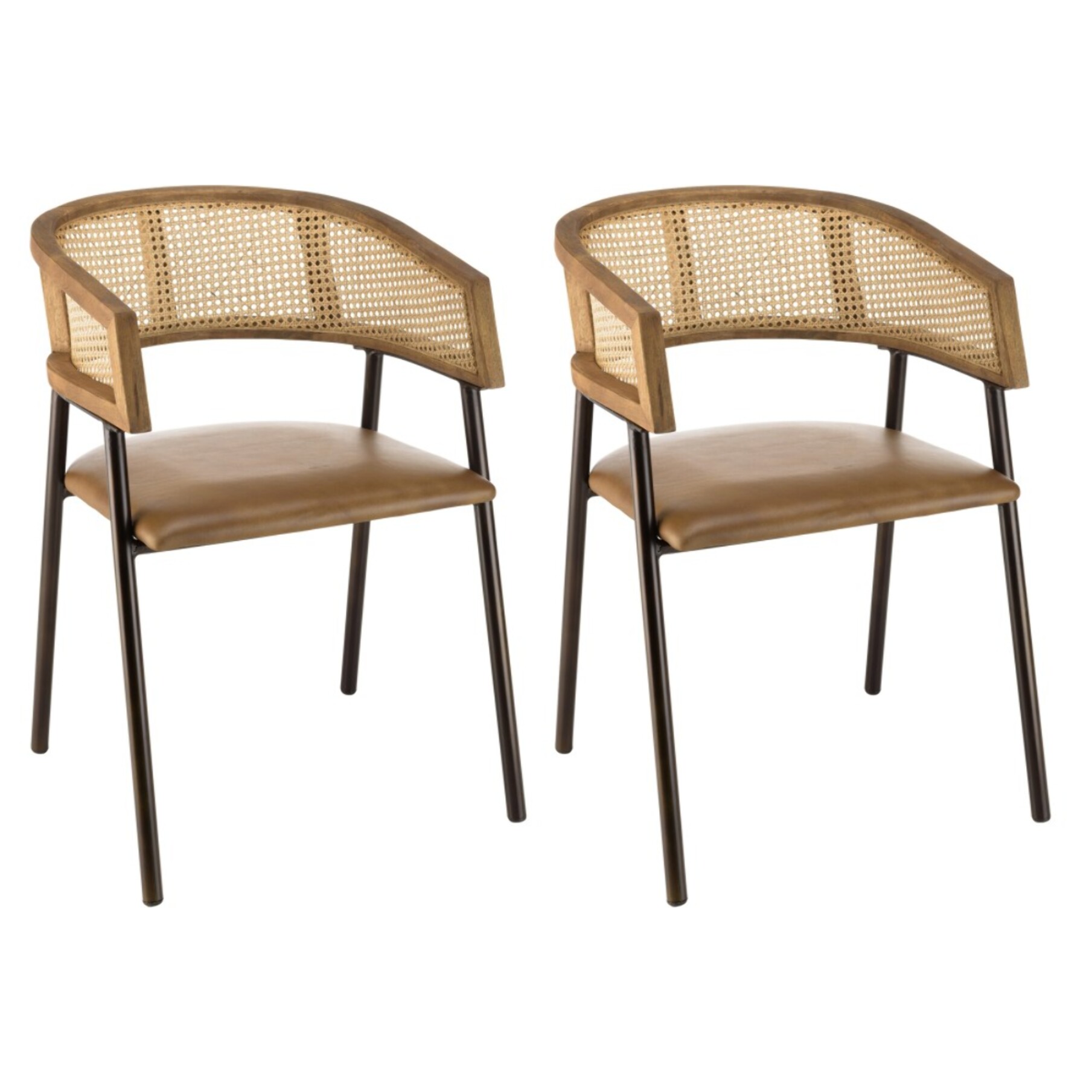 MARCEL - Lot de 2 fauteuils assise cuir dossier en manguier et rotin