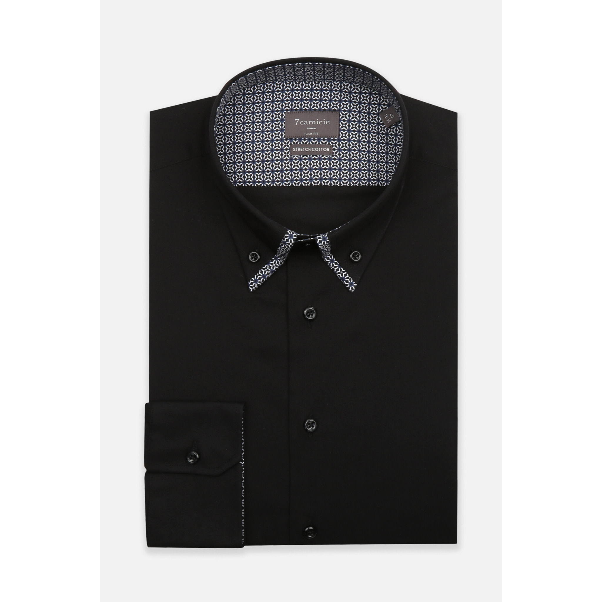 Camicia Uomo 2 Bottoni Button Down Doppio Coll Popeline Stretch Unito Nero