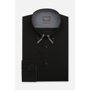 Camicia Uomo 2 Bottoni Button Down Doppio Coll Popeline Stretch Unito Nero