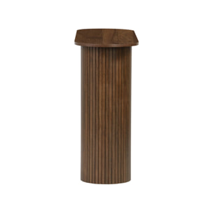 Console ovale scandinave décor bois rainuré. pieds ronds. couleur noyer. L 120 x P 35 x H 75cm