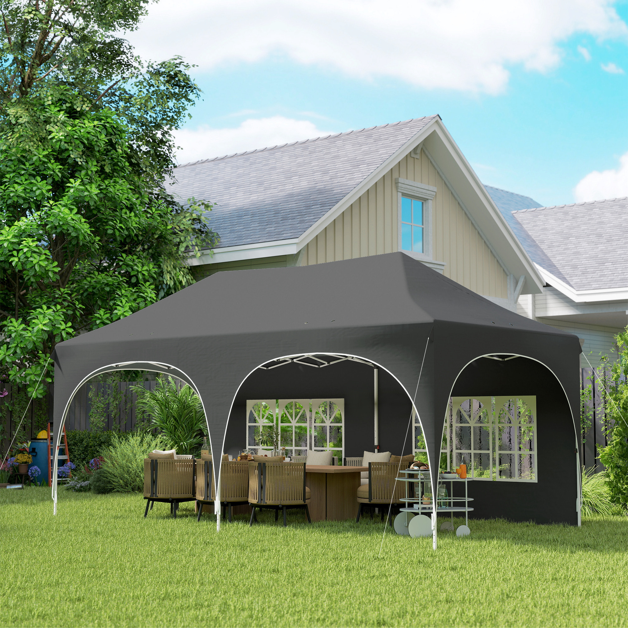 Tonnelle pliante 3x6m imperméable anti-UV, barnum avec 6 parois & 6 sacs de sable - tente de réception 12 trous de drainage - pavillon pop-up, 4 fenêtres église pour mariage, marché - gris