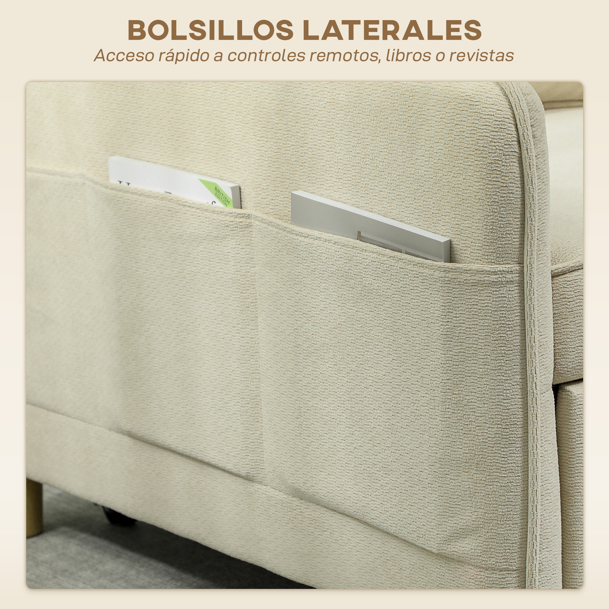 Sofá Cama de 1 Plaza 3 en 1, Sofá Cama Plegable Tapizado en Terciopelo Ecológico con Respaldo Ajustable 3 Niveles, 6 Bolsillos Laterales y Almohada, para Dormitorio, Salón, 74x85,5x82 cm, Beige