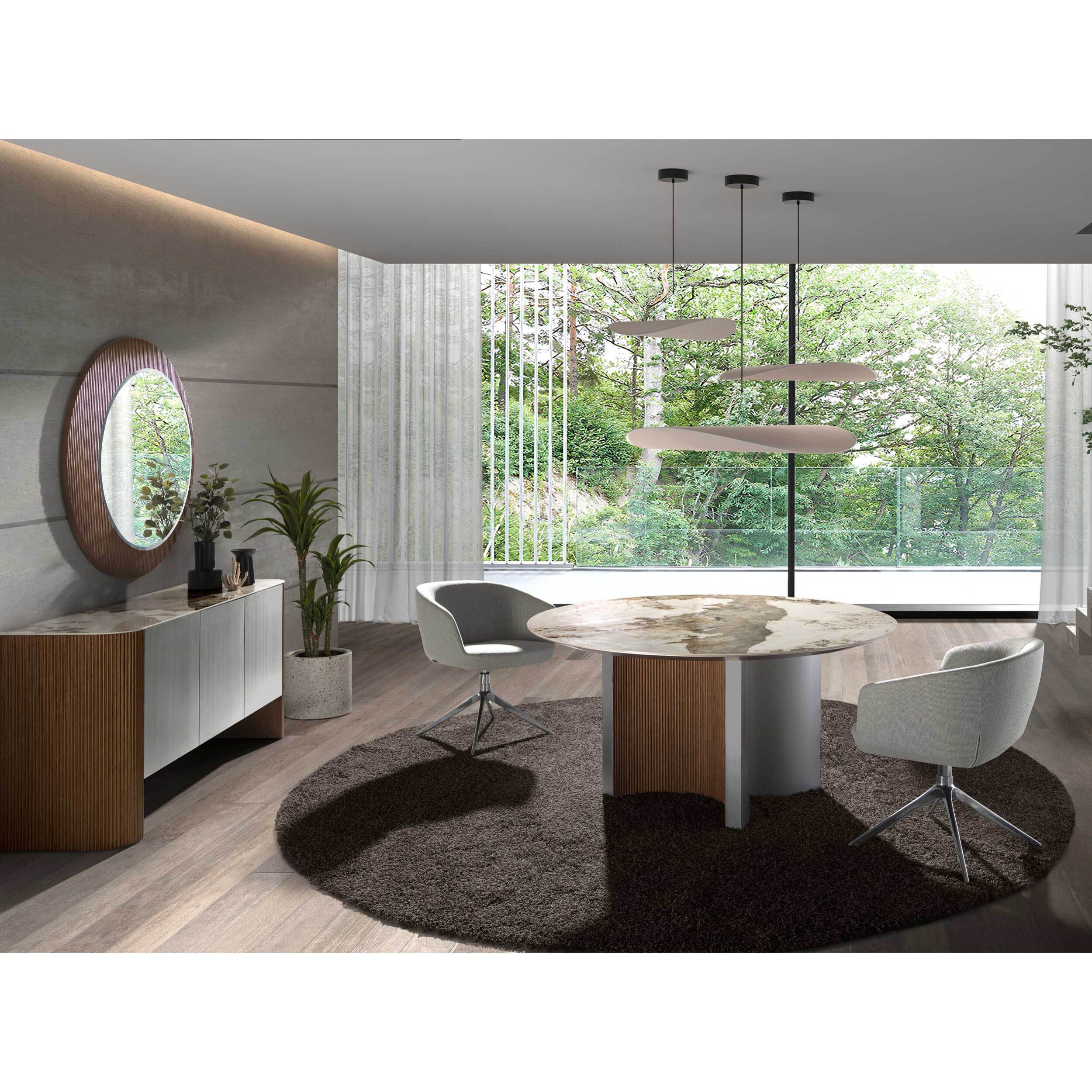 Mesa comedor Angel Cerdá redonda con tapa fija de mármol porcelánico blanco con vetas en tonos tierra en acabado brillo 150x150x75cm