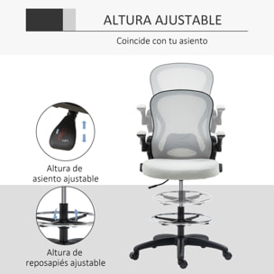 Silla de Dibujo Giratoria Silla de Escritorio Silla Alta con Respaldo Medio Soporte Lumbar Reposabrazos Abatibles Altura Ajustable Carga 120 kg 59x65x102-122 cm Gris Claro