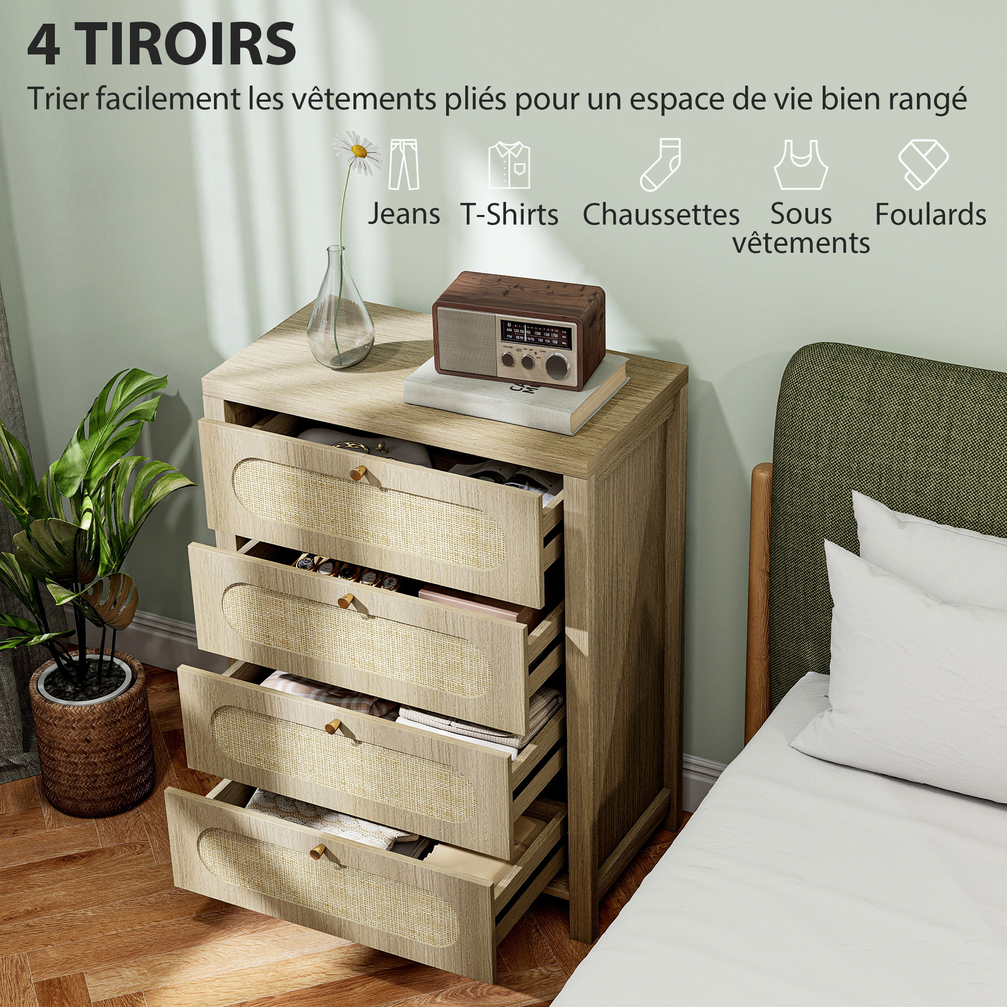 Commode 4 tiroirs style bohème effet rotin poignées métal doré 70 x 38 x 93 cm effet bois naturel