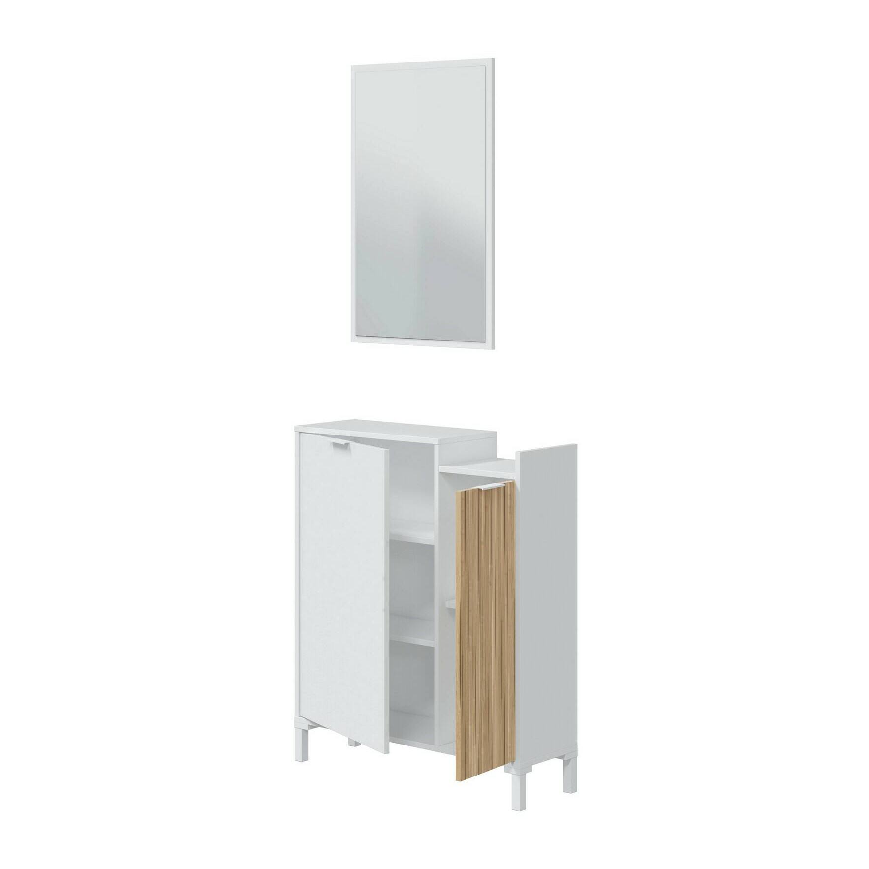 Mobile da ingresso Williamsport, Entratina a 2 ante, Armadio con specchio, Portaoggetti multifunzione, 77x24h91 cm, Bianco e Rovere