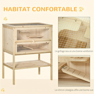 Cage hamster en bois sur pieds - étagère, plateformes, rampe - toit ouvrant, trappe nourrissage